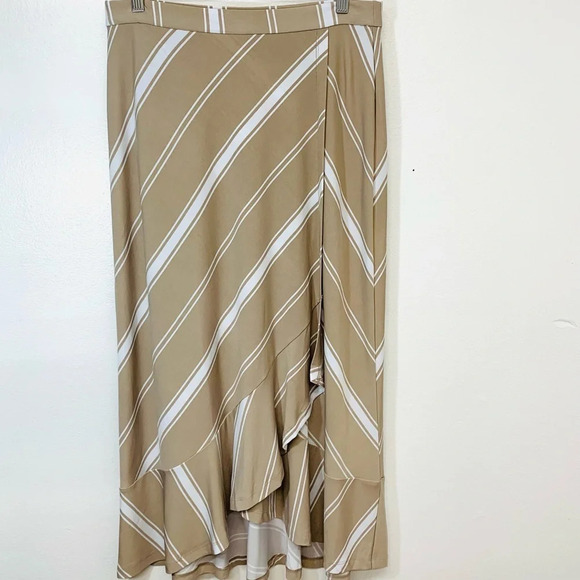 Susan Graver Liquid Knit Midi Skirt Small Beige Stripe Pull On Ruffle Boho Work - Picture 1 of 14